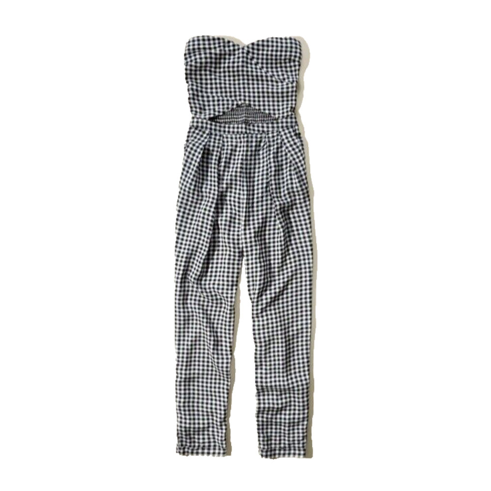 NWT Hollister Jumpsuit L 100% Viscose Strapless Pockets Cutout Black Gingham